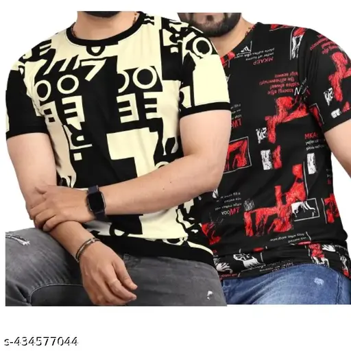 STI Men's Abstract Regular Round Black Tshirts (Pack of 2)